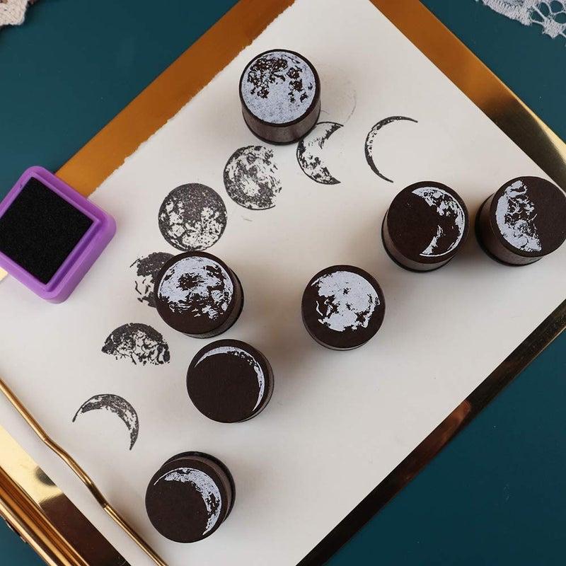 Dizdkizd 7 Pieces Phases of The Moon Wooden Rubber Stamps, Decorative Mounted Rubber Stamp Set for DIY Craft, Letters Diary and Scrapbooking - Image 2